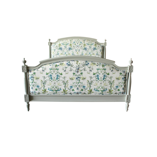 Marie Antoinette bed frame with light grey finish and Lily Stream fabric