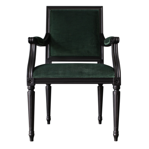 Square back side chair in black with green fabric front view